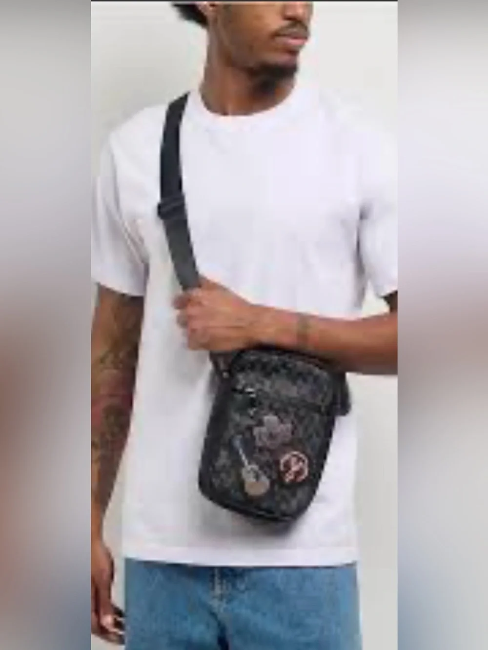 True Religion Black Crossbody Messenger Bag with Patch Accents